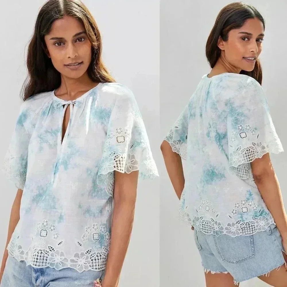 Anthropologie Embroidered Tie-Dye Blouse in Blue Motif Size Medium NWOT $138